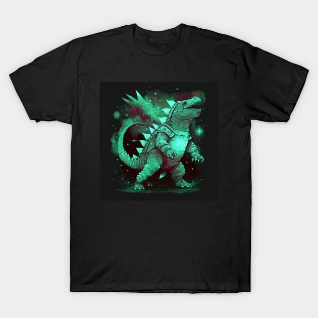 emerald armor dinosaur dragon kaiju ecopop art in starry galaxy wallpaper T-Shirt by jorge_lebeau